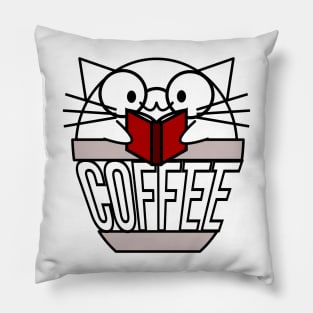 Cat in coffee cup with warped text reading book wearing glasses Pillow