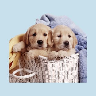 Two Golden Retriever Puppies in a Basket Hamper T-Shirt