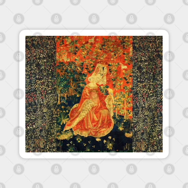 LADY WITH HAWK AMONG FLOWERS AND OAK LEAVES ,HARES, Orange Green Floral Magnet by BulganLumini