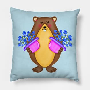 Cute groundhog with blue flowers Pillow