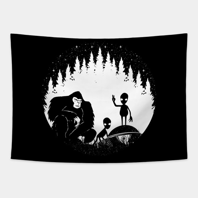 Bigfoot Ufo Alien Peace Sign Tapestry by Tesszero