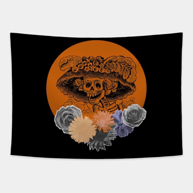 Halloween, Classic La Catrina, Black and Orange with Flowers Tapestry by SwagOMart