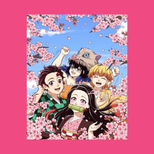 Nezuko, Tanjiro, Zenitsu and Inosuke under cherry blossom trees T-Shirt