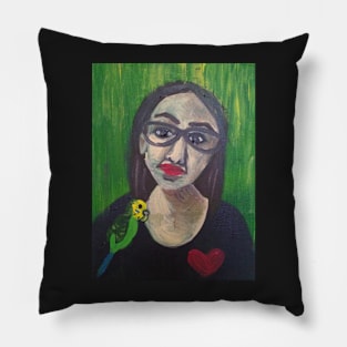 Self Portrait with Bubo the Parakeet Pillow