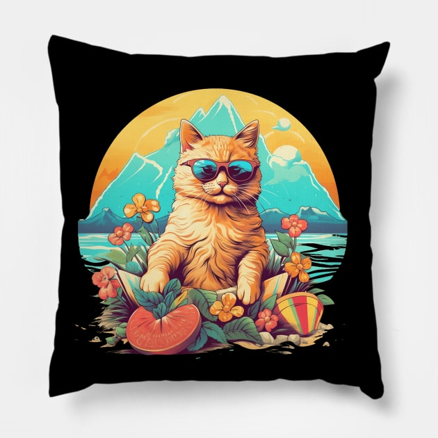 Summer Beach Cat with Sunglasses Pillow by MetaBrush