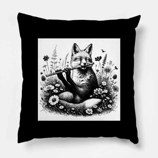 Fox Playing Flute Pillow by Merchweaver