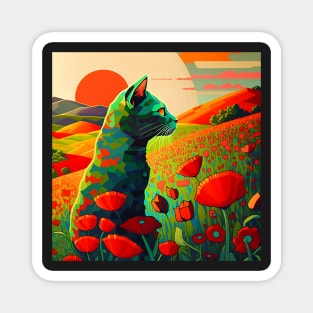 Cat Watching Sunset in a Field of Flowers Magnet