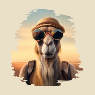 Camel backpacker; sunglasses; desert; back pack; hat; camel; T-Shirt