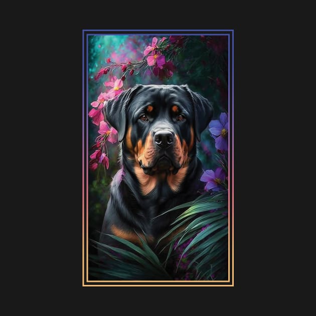 Rottweiler Dog Vibrant Tropical Flower Tall Digital Oil Painting Portrait 2 by ArtHouseFlunky