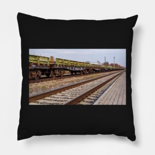 Railroad track and chain of old rusty wagons Pillow