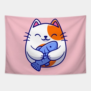 Cute Cat Holding Fish Cartoon Tapestry