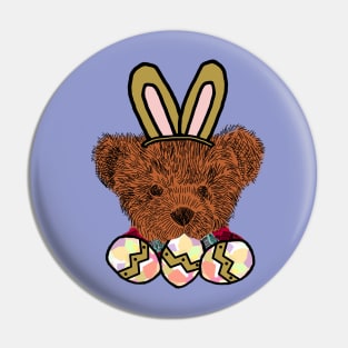 Happy Easter Bunny Ears on Teddy Bear Eating Easter Eggs Pin