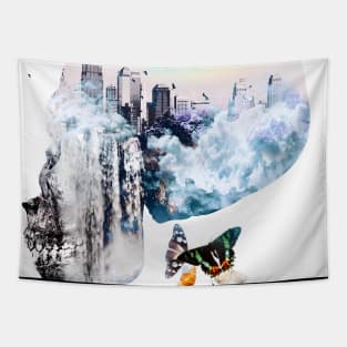 Mystic Skull beautiful blue sky city scape butterfly Tapestry