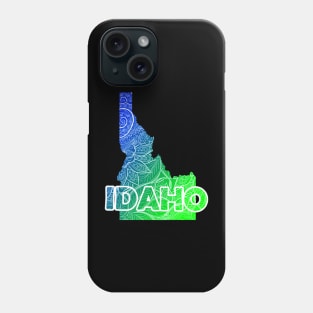 Colorful mandala art map of Idaho with text in blue and green Phone Case