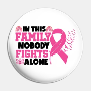 In This Family Nobody Fights Alone Breast Cancer Awareness Pink Cancer Ribbon Support Pin