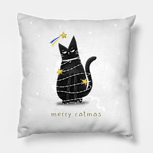 Cartoon black cat in New Year's garlands and the inscription "Merry Catmas". Pillow