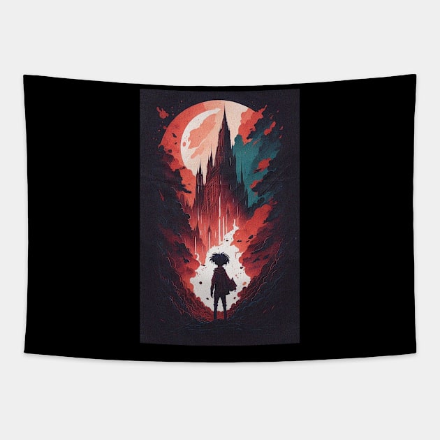 "Crimson Quest: A Man's Adventure in the Enchanted Castle" Tapestry by clownescape