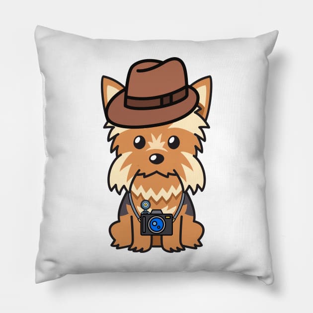 Funny Yorkshire Terrier is holding a camera Pillow by Pet Station