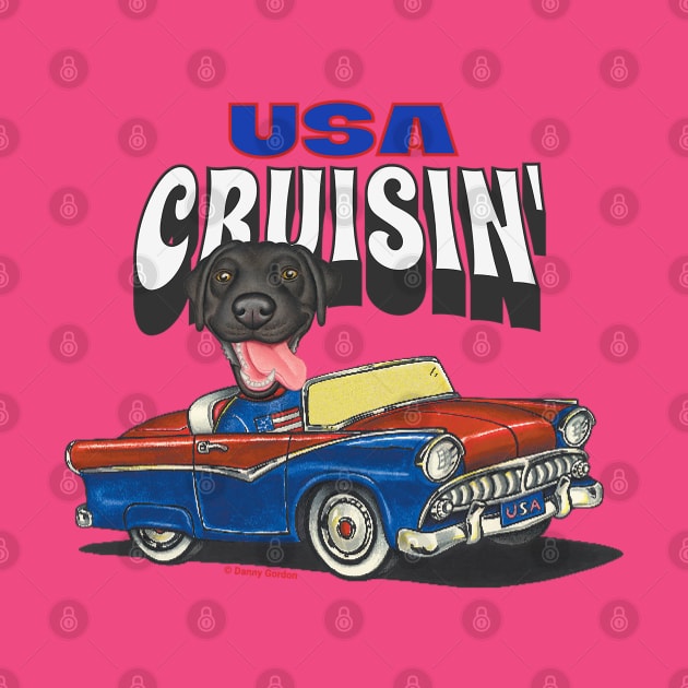 Humorous funny and cute black lab is driving a vintage car through the USA tee by Danny Gordon Art