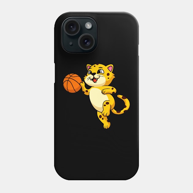 Cute Cartoon Leopard Cat plays Basketball Kids Phone Case by Foxxy Merch