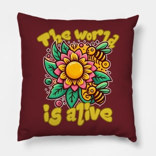 The World is Alive: Spring Bloom Buzz in Yellow, Black, Green, Brown, and Blue Pillow