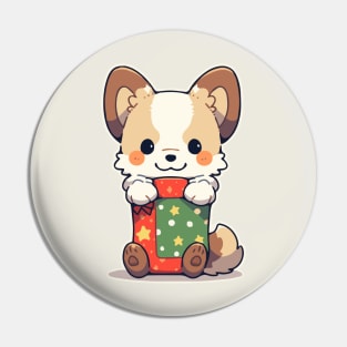 Dog in a patched Christmas stocking Pin