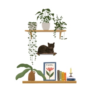 Plants, Cats And Books - Bookish Cat Aesthetic - Cat On A Bookshelf T-Shirt