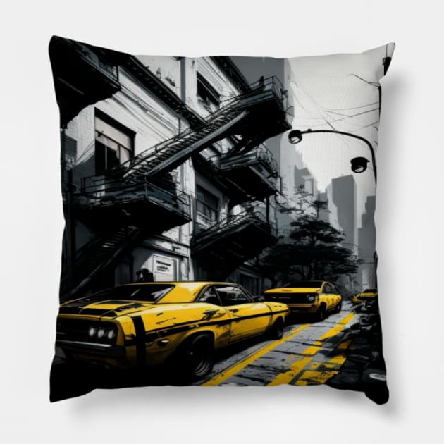 Car tiers print on street black and yellow. Pillow by Gadeliow