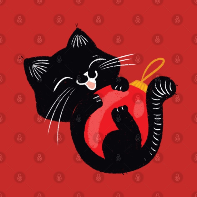 Cute black kitten with red ball by iulistration