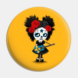 Sugar Skull Girl Playing Swedish Flag Guitar Pin