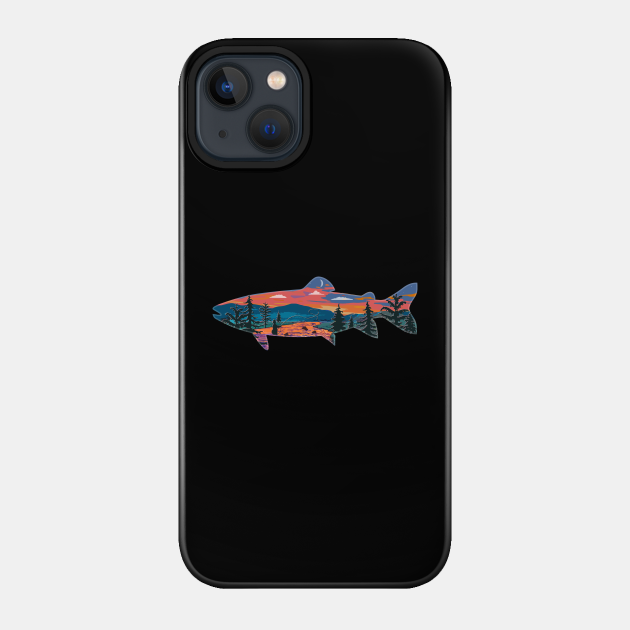 Trout Silhouette Fly Fishing Mountain Sunset River Stream Art - Fishing - Phone Case