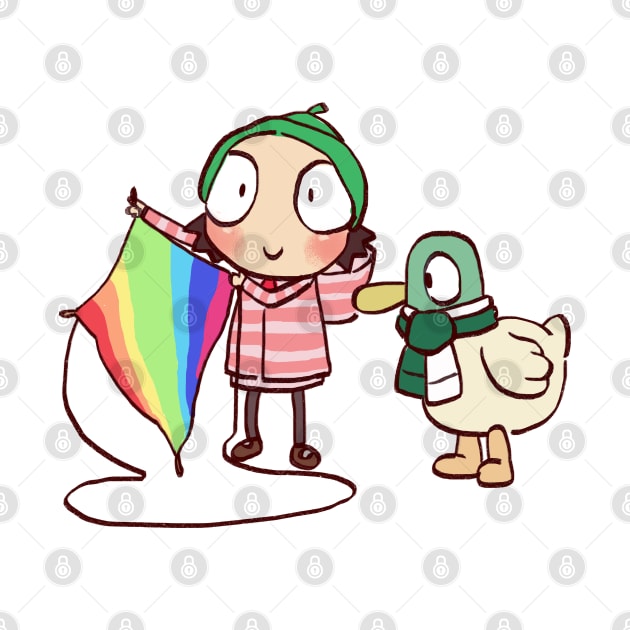 sarah and duck flying a rainbow kite in kite flight / children cartoon by mudwizard