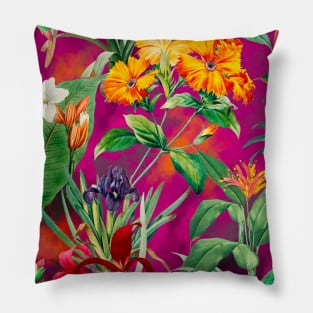 Colorful tropical floral leaves botanical illustration, tropical plants,leaves and flowers, red pink leaves pattern Pillow