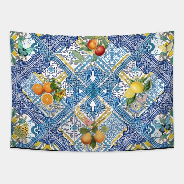 Mediterranean blue tiles, Italian citrus fruit, oranges and lemons Tapestry by Bloomartgallery