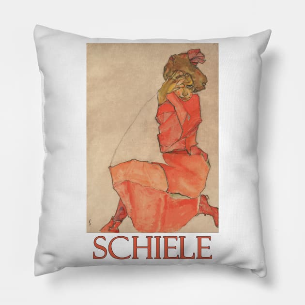 Kneeling Female in Orange-Red Dress by Egon Schiele Pillow by Naves