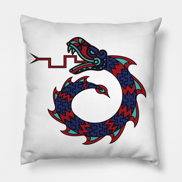 Mexican Snake Dragon Design Red, Blue and Turquoise T-Shirt Pillow by JDP Designs