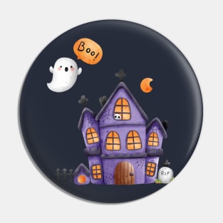 Spooky Halloween house and cute ghost Pin