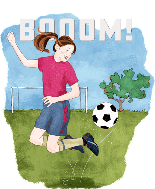 Booom! Girl playing soccer Kids T-Shirt by SW10 - Soccer Art