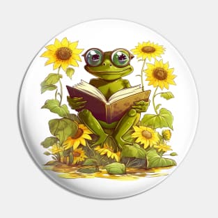 Frog reading surrounded by sunflowers Pin