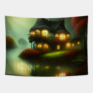 Sparkling Fantasy Cottage with Lights and Glitter Background in Forest, Scenery Nature Tapestry