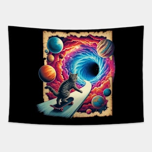 Skateboarding Space Kitten Meme Sports Cosmic Cute Cat Tapestry