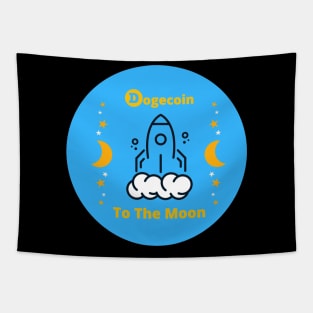 Dogecoin to the Moon and Stars Blue Background Tapestry