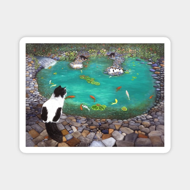 Tuxedo Cats at the Koi Pond Magnet by KarenZukArt