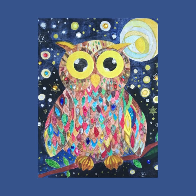 Cute multicoloured rainbow owl jewelled silver gold painting by esvb