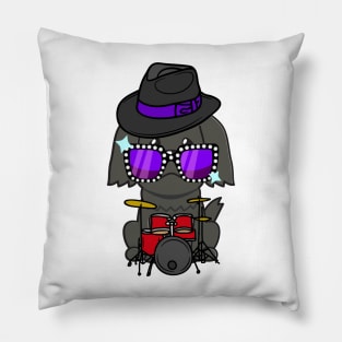 Cute black sheepdog jamming on the drums Pillow