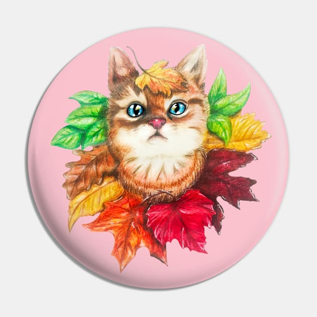 Fall Leaves Cat Pin by Lady Lilac