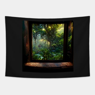 A view at the jungle through a tree house window Tapestry