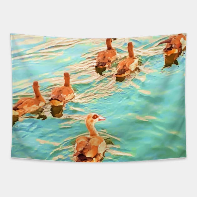 Ducks in the water,  duck, ducks,. swan, swans, sea, beach, summer, blue, bird, birds, swan, swans, spring, Tapestry by PrintedDreams