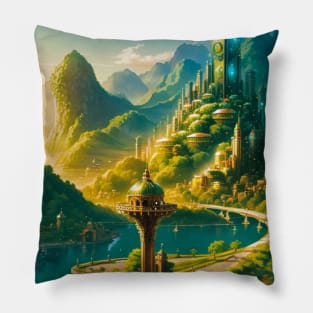 Solarpunk City - Utopia in a Green Valley Pillow