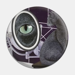 Russian Blue Cat and Magnifying Mirror Pin